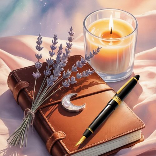A cozy setup with a leather journal, lavender sprigs, a crescent moon ornament, a lit candle, and a fountain pen. Warm, calming ambiance.