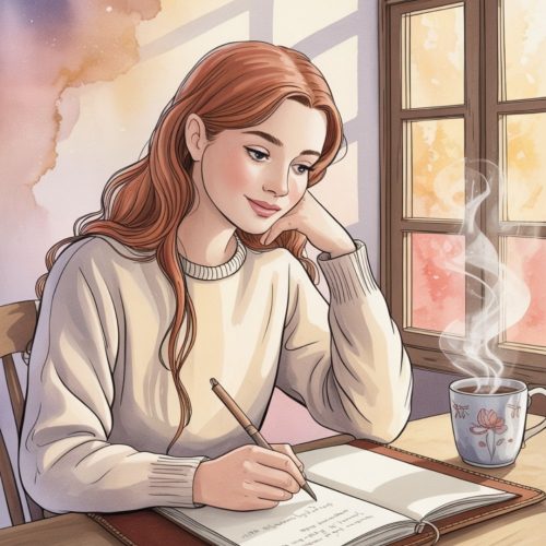 Illustration of a woman with long hair, journaling in a notebook by a window. She's wearing a sweater, with a steaming coffee mug nearby, exuding warmth and concentration.