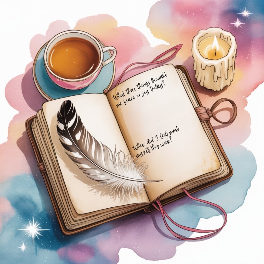 A cozy scene with an open journal, a black-and-white feather, a lit candle, and a cup of tea on a saucer. Pastel colors and stars create a peaceful atmosphere.