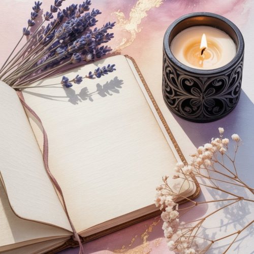 Open journal with lavender sprigs, a lit ornate candle, and dried flowers on a pastel background. The scene feels calm and contemplative.