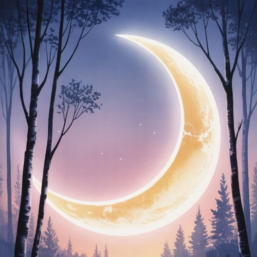 A glowing crescent moon illuminates a tranquil forest at dusk, framed by tall, silhouetted trees under a serene, purple and pink-hued sky.