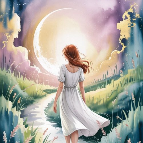 Illustration of a woman in a white dress walks barefoot on a winding path toward a glowing crescent moon. The scene is surrounded by lush grass and ethereal clouds.