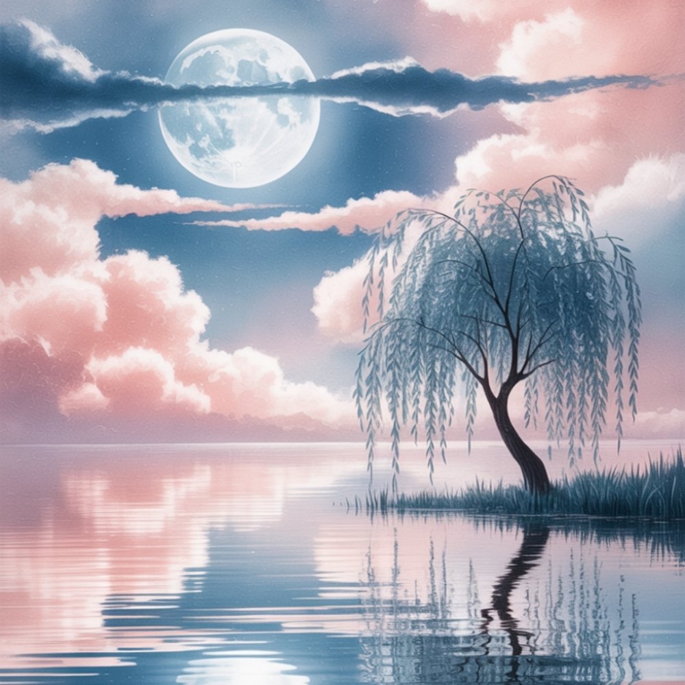 A serene, dreamy scene featuring a full moon shining over a tranquil lake. Pink clouds and a lone willow tree reflect in the water, creating a peaceful ambiance.