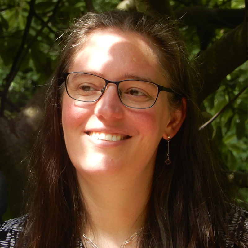 An image of the blogs author. She has her long brown hair down, is smiling and looking off to the side. There are shadows across her face and a tree behind her.