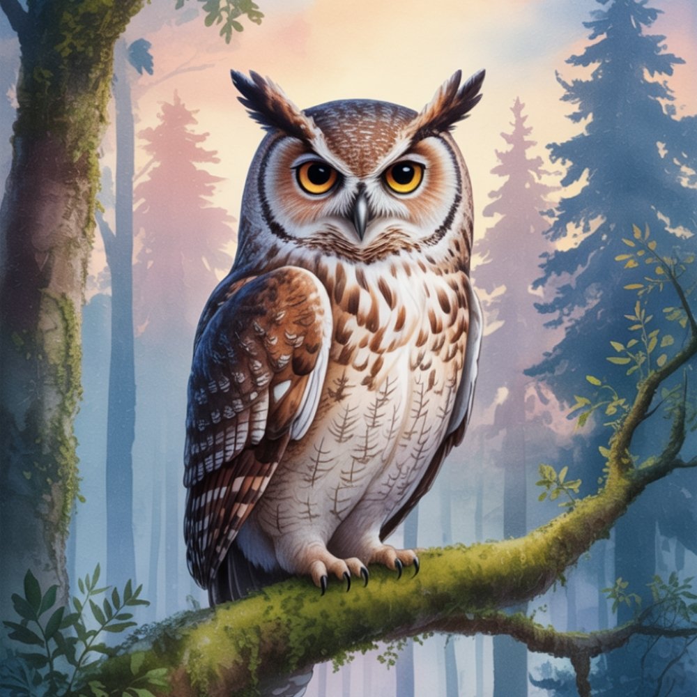 Illustration of a majestic owl with striking orange eyes perched on a mossy branch in a serene forest, surrounded by tall trees under a soft, pastel sky.
