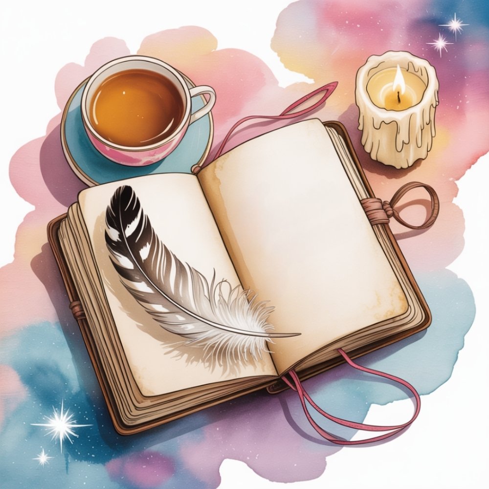 Open journal with a feather on its page, next to a steaming tea cup and lit candle. Background is a dreamy blend of pastel colors, creating a calm, creative vibe.
