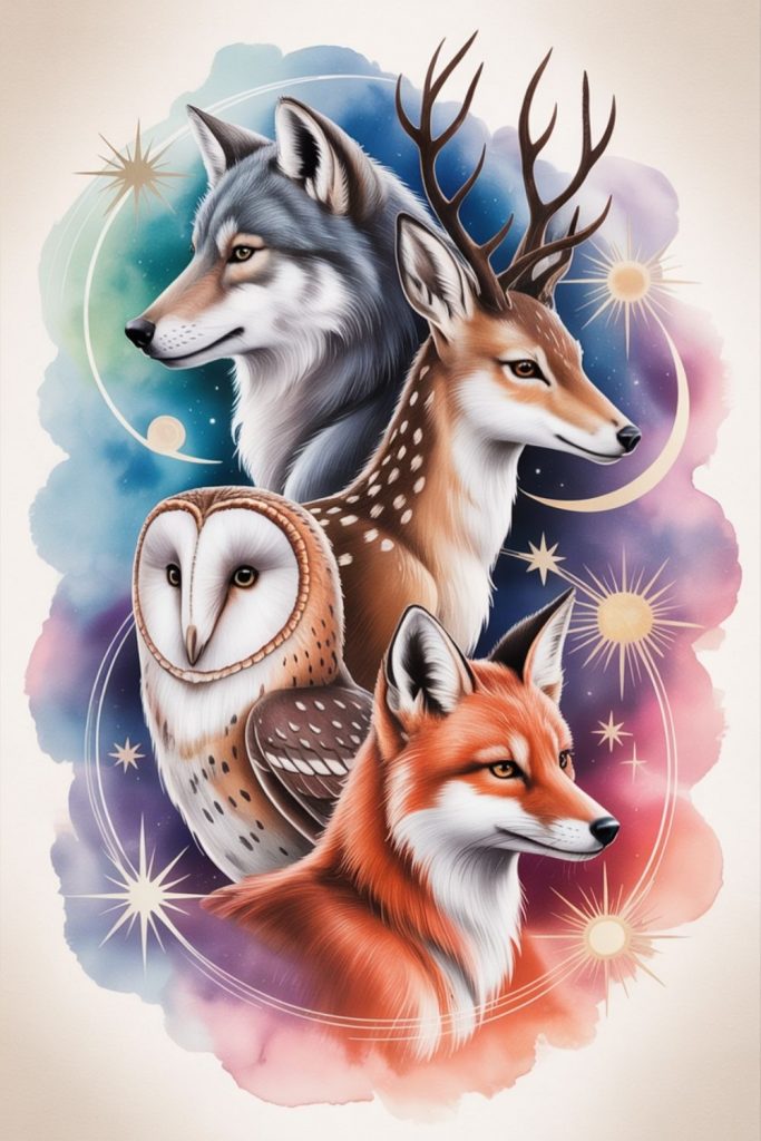 Illustration of a group of animal spirit guides. A wolf, deer, owl, and fox. They are against a colorful starry background with crescent moons. The composition conveys harmony and mysticism.