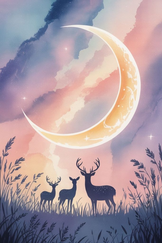 Stylized deer silhouettes stand in grass under a large crescent moon. The background features pastel gradients of purple, pink, and blue, creating a serene atmosphere that invokes the magical feeling of animal spirit guides.