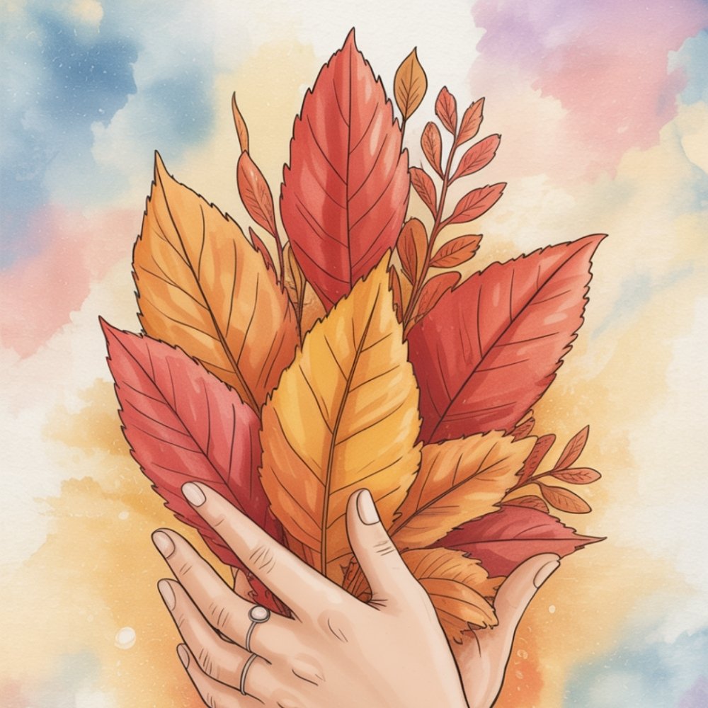 A hand gently holds a vibrant bouquet of autumn leaves in red, orange, and yellow against a soft, watercolor sky of blue and pink, evoking a warm, serene mood.