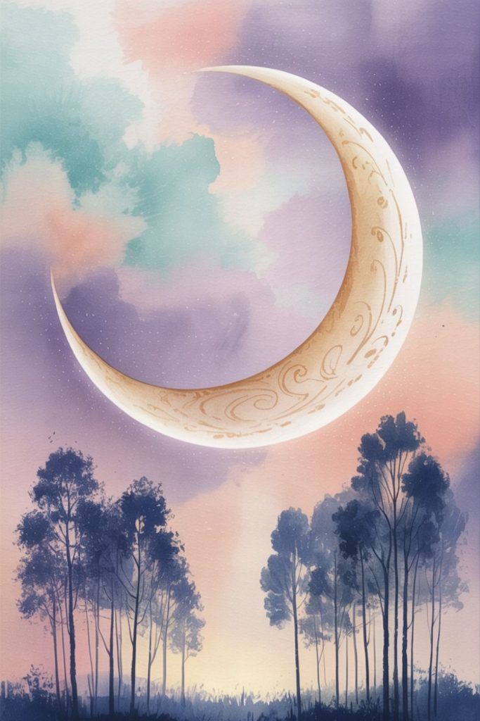 Crescent moon with ornate patterns floats over silhouetted trees against a pastel sky of pink, purple, and blue, evoking a dreamlike, tranquil mood.
