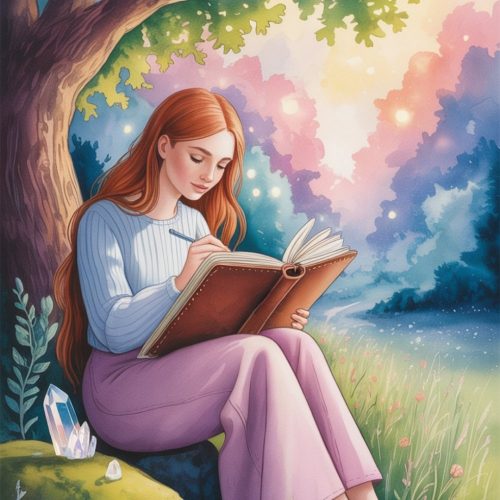 An illistration of a woman with long red hair siting under a tree, writing in a journal. She wears a blue sweater and lavender pants. Crystals are beside her. The background is a colorful, dreamy sky with stars. The image represents a pagan journaling in nature.