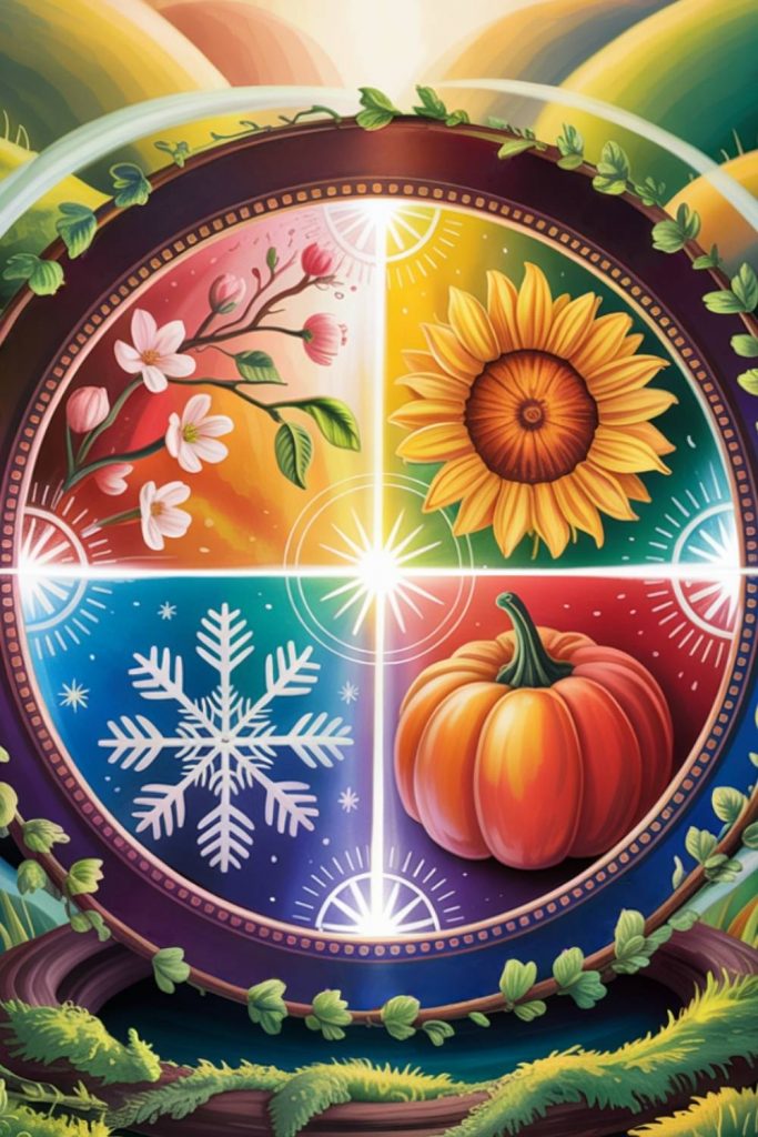 A vibrant circular design divided into four quadrants depicting seasons: spring blossoms, a summer sunflower, a fall pumpkin, and a winter snowflake, surrounded by green vines.