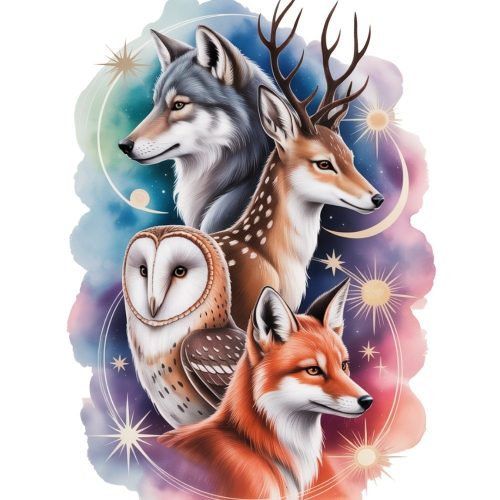 Illustration of a group of spirit animals. A wolf, deer, owl, and fox. They are against a colorful starry background with crescent moons. The composition conveys harmony and mysticism.