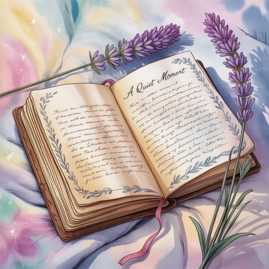 An open book with the text "A Quiet Moment" lies on pastel fabric, adorned with lavender sprigs. The scene radiates calmness and a whimsical, serene mood.
