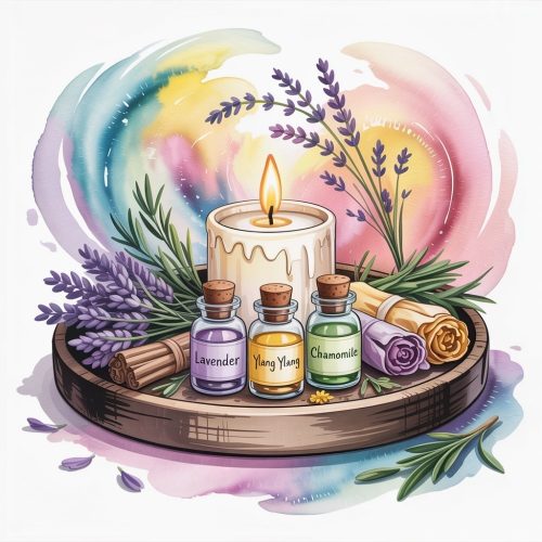 A lit candle is surrounded by lavender, bottles labeled Lavender, Ylang Ylang, Chamomile, cinnamon sticks, and colorful flowers on a wooden tray. The background has a soft, colorful swirl, creating a relaxing and serene atmosphere.