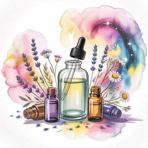 Illustration of essential oil bottles surrounded by lavender, daisies, and colorful flowers against a dreamy, watercolor background. Relaxing and aromatic.