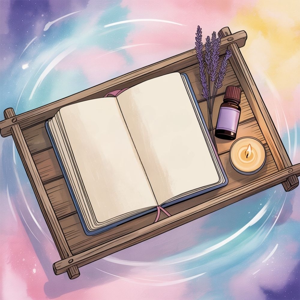 Open book on wooden tray with lavender sprigs, essential oil bottle, and lit candle. Background is a pastel swirl of pink, blue, and yellow tones that has the feeling of water