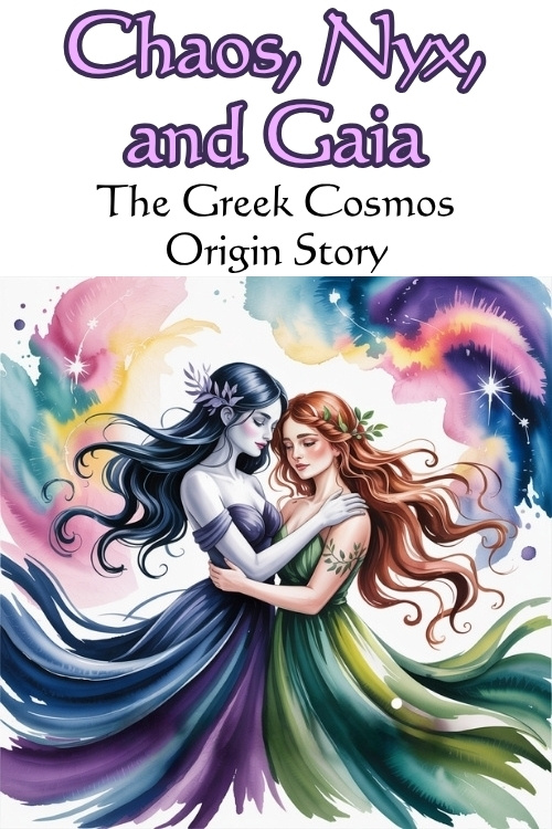Two ethereal goddesses embrace amid swirling colorful clouds, embodying serenity and connection. Text reads "Chaos, Nyx, and Gaia: The Greek Cosmos Origin Story."