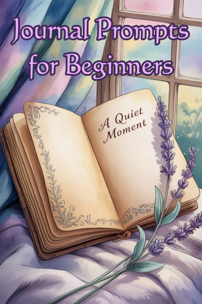 Illustrated of a book with the text "Journal Prompts for Beginners" above it. There is a lavender sprig, and the book is open to a page with "A Quiet Moment" written on it. Soft, colorful lighting conveys a serene vibe.