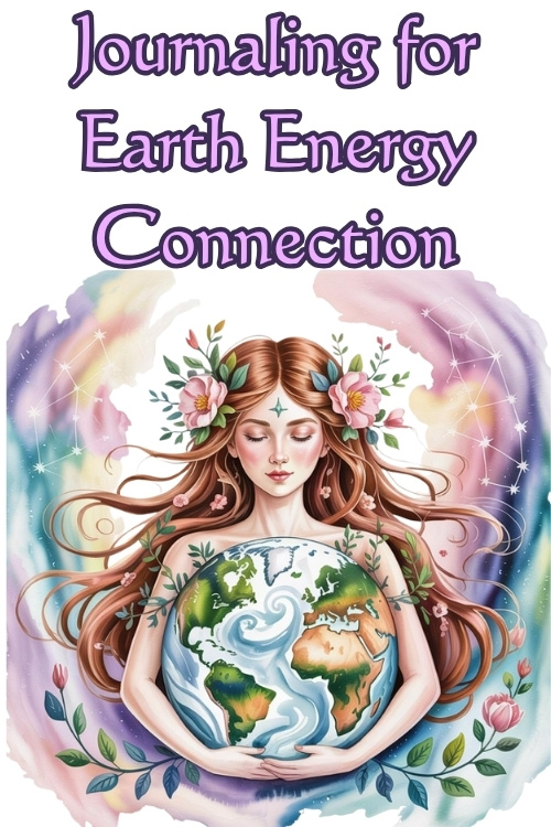 Young woman with long hair, adorned with flowers, peacefully holds a globe against a colorful cosmic background. Text reads, "Journaling for Earth Energy Connection."