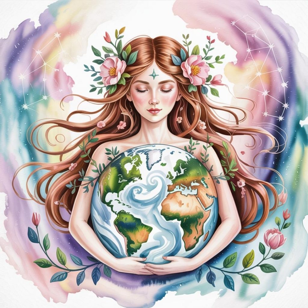 An ethereal earth goddess with long hair adorned with flowers cradles Earth. A colorful cosmic background and soft pink hues evoke peace and harmony.