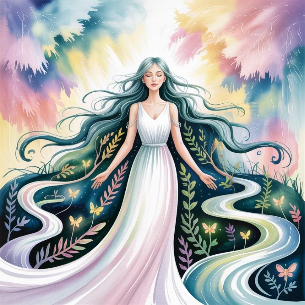 A serene earth goddess with long hair stands amidst swirling colors, wearing a flowing white dress. Her closed eyes and gentle expression evoke tranquility.
