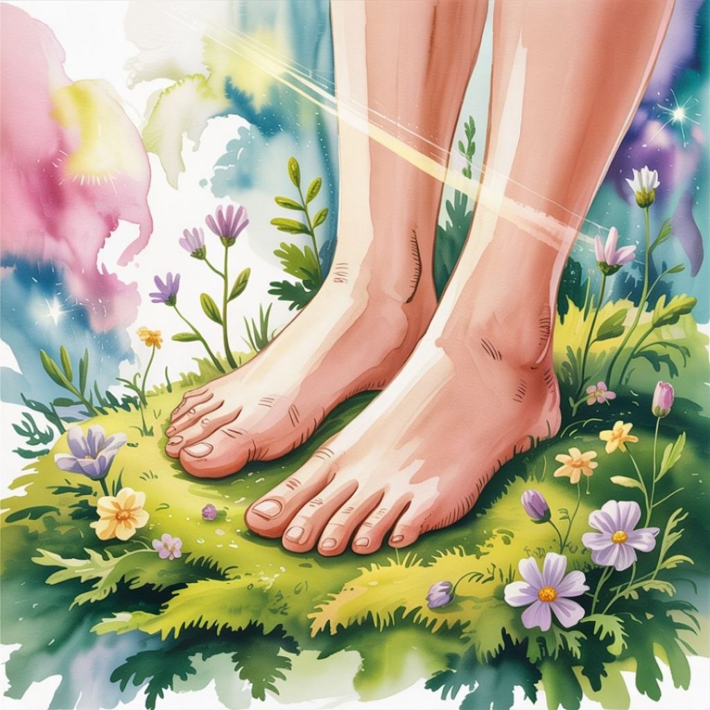 Illustration of bare feet on moss, surrounded by colorful flowers and abstract splashes of pink and blue. Sunlight streams across, creating a serene atmosphere.