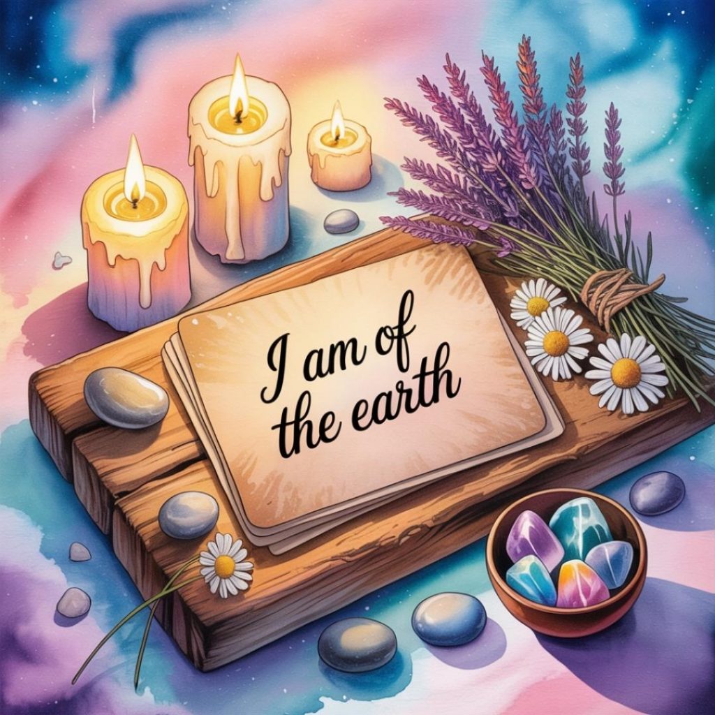 A serene scene features three lit candles on a wooden board, surrounded by lavender, daisies, stones, and colorful crystals. Text reads, "I am of the earth."
