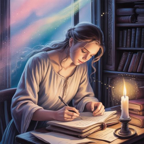 A woman writes affimations in a journal by candlelight, with a mystical sky visible through the window. The scene is serene and contemplative, with soft pastel tones.