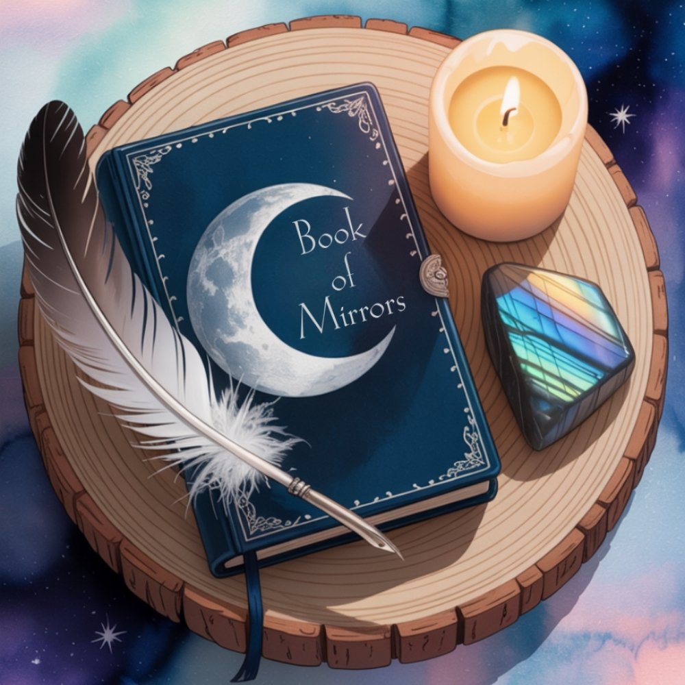 A blue book titled "Book of Mirrors" lies on a wooden surface with a feather quill on top. Nearby are a lit candle and a prism-like crystal, set against a cosmic background.
