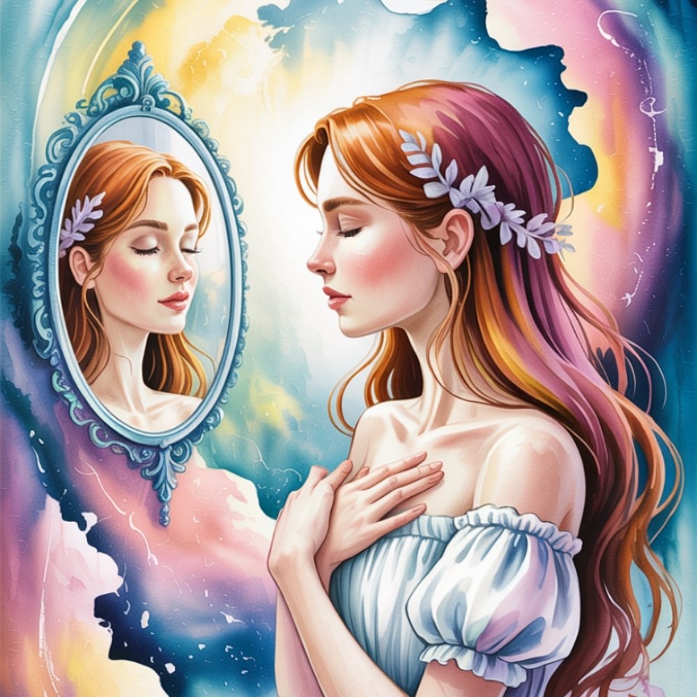 A woman with long red hair and a floral headpiece, eyes closed, reflects in an ornate mirror amid a dreamy, colorful background, conveying tranquility.