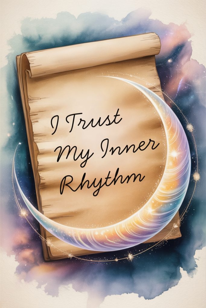 A mystical scroll with the affirmation "I Trust My Inner Rhythm", surrounded by a glowing crescent with stars. Background: abstract cosmic colors, evoking serenity.