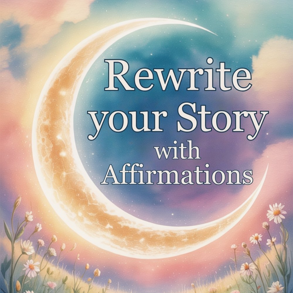 A glowing crescent moon on a dreamy sky with clouds. Text reads, "Rewrite your Story with affirmations." Surrounded by daisies, evokes hope and serenity.