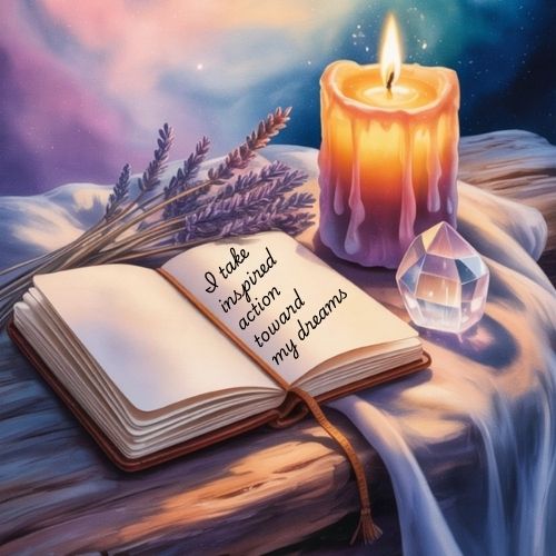 Open book with "I take inspired action toward my dreams" near glowing candle and crystal. Lavender sprigs in background create a serene, dreamlike mood.