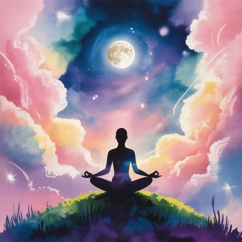 A silhouette of a person meditating on a grassy hill under a vibrant sky with swirling pink, blue clouds, and a full moon, conveying peace and serenity.