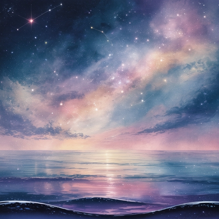 A serene, starry night sky with swirling galaxies stretches above a calm, reflective ocean. The scene conveys tranquility and wonder.
