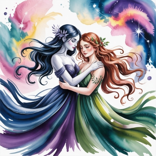 Two goddesses with flowing dresses gently embrace against a vibrant, swirling rainbow backdrop of chaos. Nyx has dark hair, and Gaia has red hair, symbolizing the night sky and the earth.