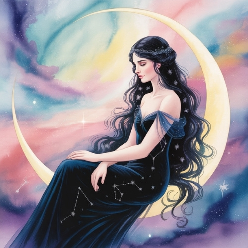 A serene woman with long black hair in a flowing blue gown adorned with constellations sits on a glowing crescent moon against a colorful, dreamy sky.