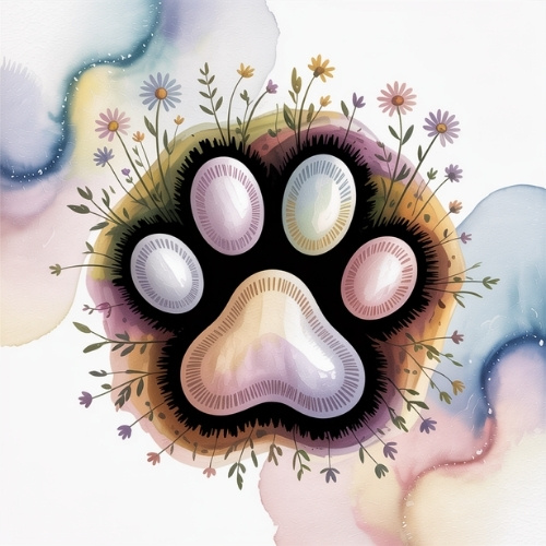 Abstract watercolor of a paw print surrounded by delicate flowers. Soft pastels and flowing shapes create a whimsical and serene atmosphere.