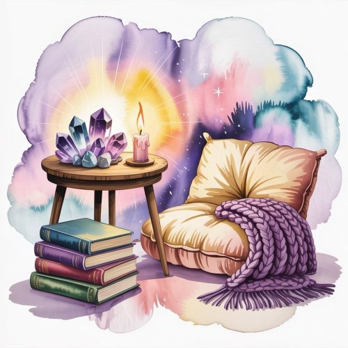 Cozy scene with a plush cushion, purple knitted blanket, and a wooden table holding crystals and a lit candle. A space ready for you to enjoy your own company in. Background is a dreamy, colorful nebula.