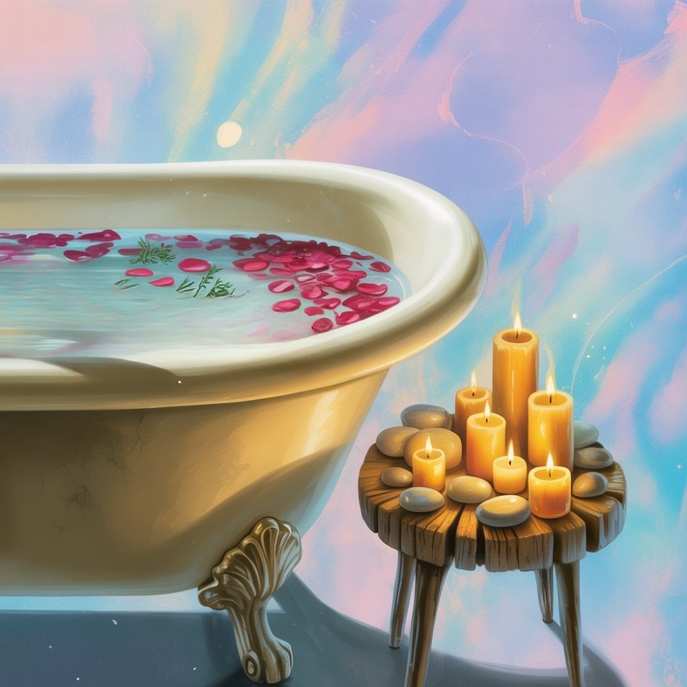 Vintage bathtub filled with water, rose petals, and herbs, beside a small wooden table with lit candles and stones. A soothing ambiance is set against a pastel sky.