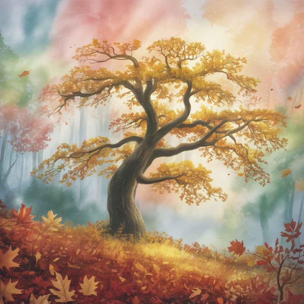 A majestic tree with golden autumn leaves stands in a dreamy, colorful landscape. Warm orange tones blend with soft blues and pinks, evoking serenity.