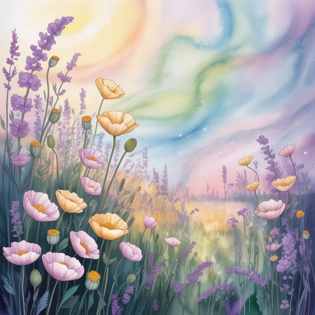 A dreamy, colorful meadow with vibrant pink and yellow flowers, set against a swirling pastel sky, creating a calm and ethereal atmosphere.