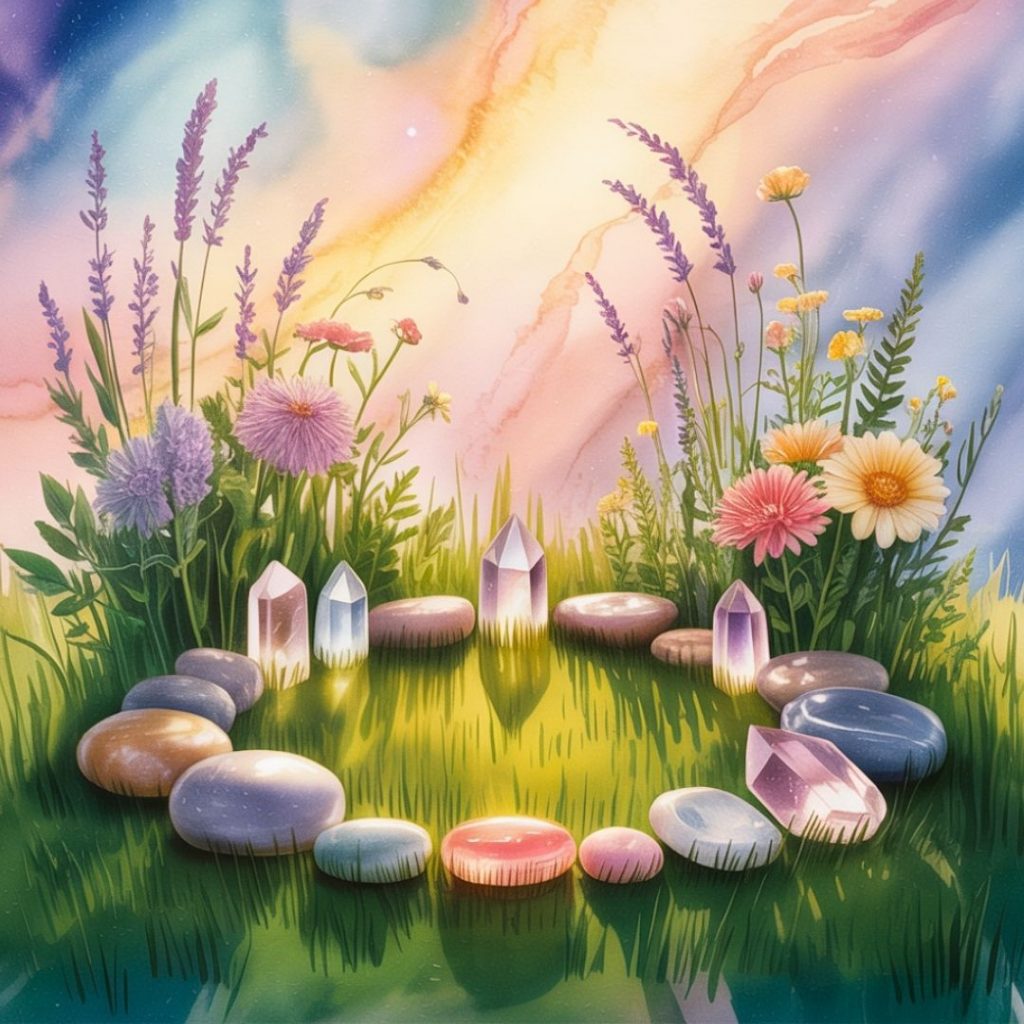 A summer seasonal ritual circle of colorful stones and crystals on grass, surrounded by wildflowers like daisies and lavender. The sky glows in pastel hues, creating a serene atmosphere.