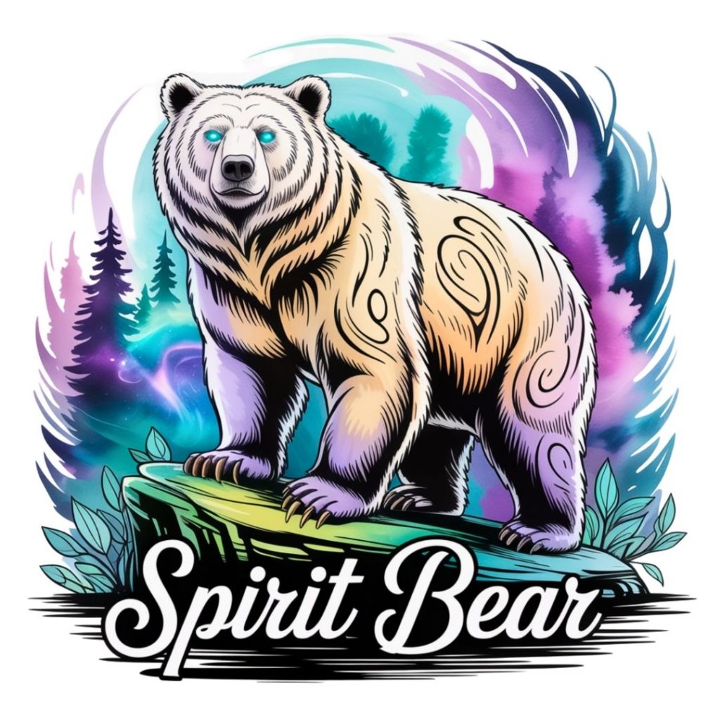 Stylized illustration of a spirit bear with glowing blue eyes, standing on a log. Surrounded by swirling colorful mist and pine trees, text reads “Spirit Bear.”