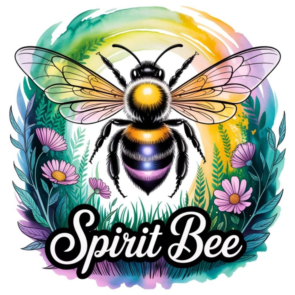 Colorful illustration of a bee with vibrant wings, surrounded by flowers and leaves. Text "Spirit Bee" is displayed below in bold script. Lively and whimsical.
