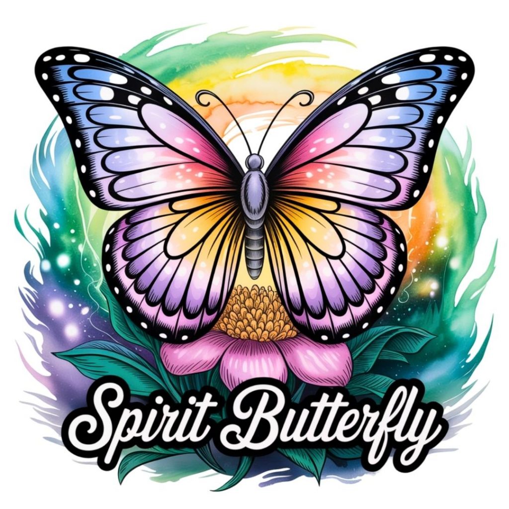 Colorful butterfly with gradient wings perched on a flower, surrounded by a vibrant rainbow aura. Text below reads "Spirit Butterfly."