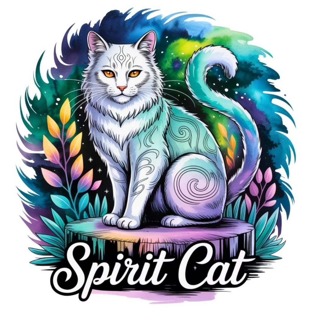 A mystical white cat with swirling patterns sits on a tree stump amid colorful plants and a vibrant, cosmic background. Text reads "Spirit Cat."