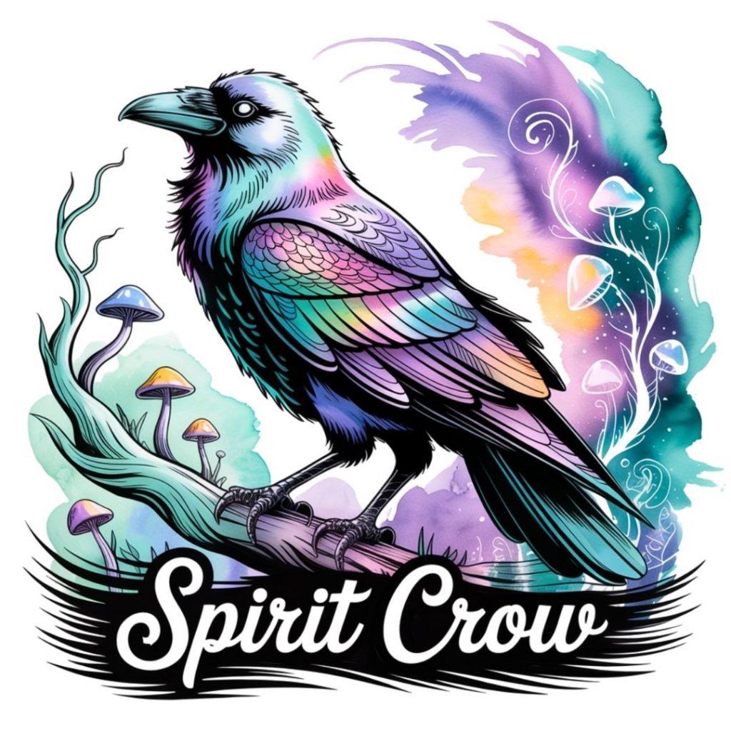 Illustration of a crow with iridescent feathers perched on a branch. Colorful mushrooms and swirling hues surround it. Text reads "Spirit Crow."