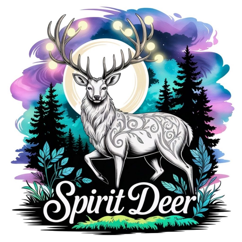 Illustration of a majestic deer with ornate antlers and swirled patterns on its coat, set against a glowing full moon, colorful sky, and pine trees. Text reads "Spirit Deer."